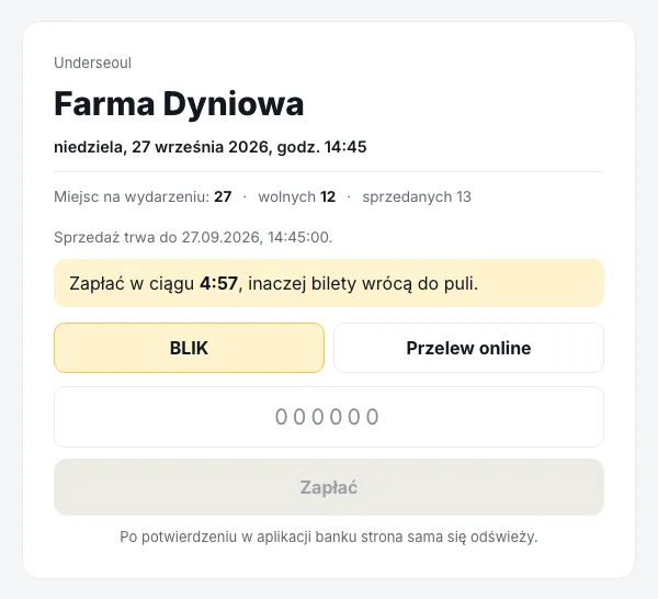 Ekran płatności: komunikat „Zapłać w ciągu 4:57, inaczej bilety wrócą do puli”, dwa sposoby płatności — BLIK i Przelew online, pole na sześciocyfrowy kod BLIK, przycisk „Zapłać” oraz informacja „Po potwierdzeniu w aplikacji banku strona sama się odświeży”.