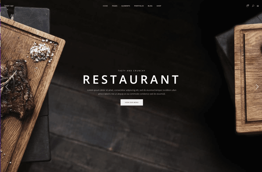Szablon strony restauracji w ciemnej kolorystyce z nagłówkiem „Restaurant” i zdjęciem steku na desce