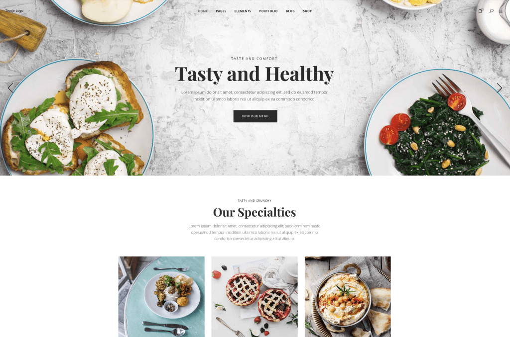 Jasny szablon strony z nagłówkiem „Tasty and Healthy” i galerią zdrowych dań