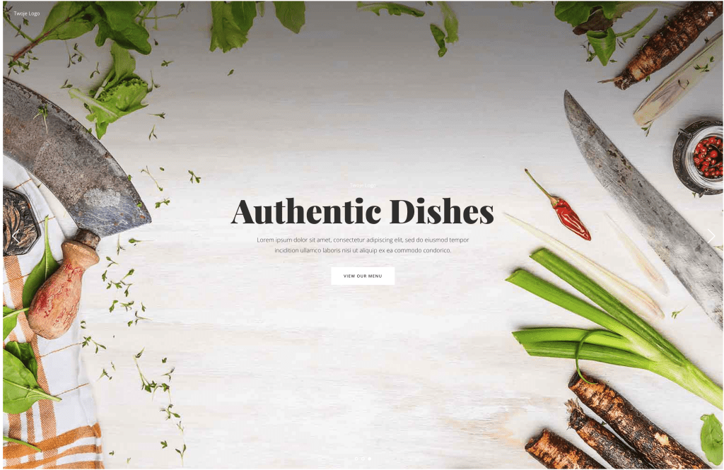 Szablon strony z nagłówkiem „Authentic Dishes” otoczonym świeżymi warzywami i rybami