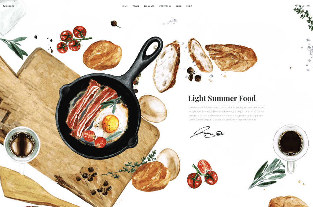Szablon strony „Light Summer Food” z patelnią, pieczywem i kawą na drewnianej desce